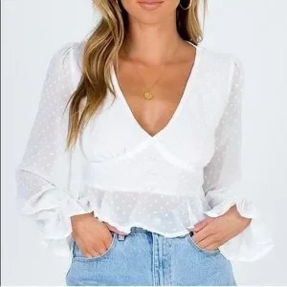 Princess Polly Tops - Princess Polly White Swiss Dot V Neck Marcela Long Sleeve Sheer Blouse